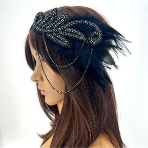 Vintage Retro 20’s Flapper Gatsby Beaded Handmade Rhinestone Feather Headpiece